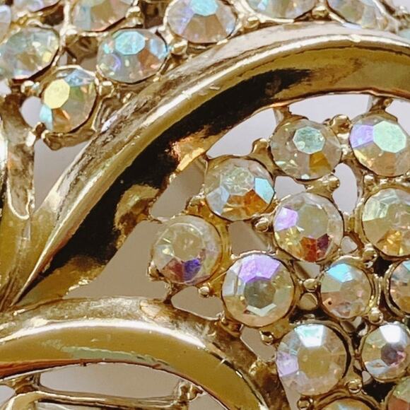 Vintage Signed Coro Brooch Mid Century AB Rhinestone Swirl Gold Tone 1950s - Picture 10 of 10